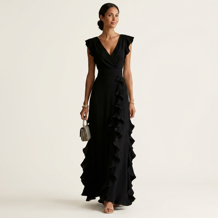 Nellyana - Casual V-neck Flutter Sleeves Ruffle Maxi Dress