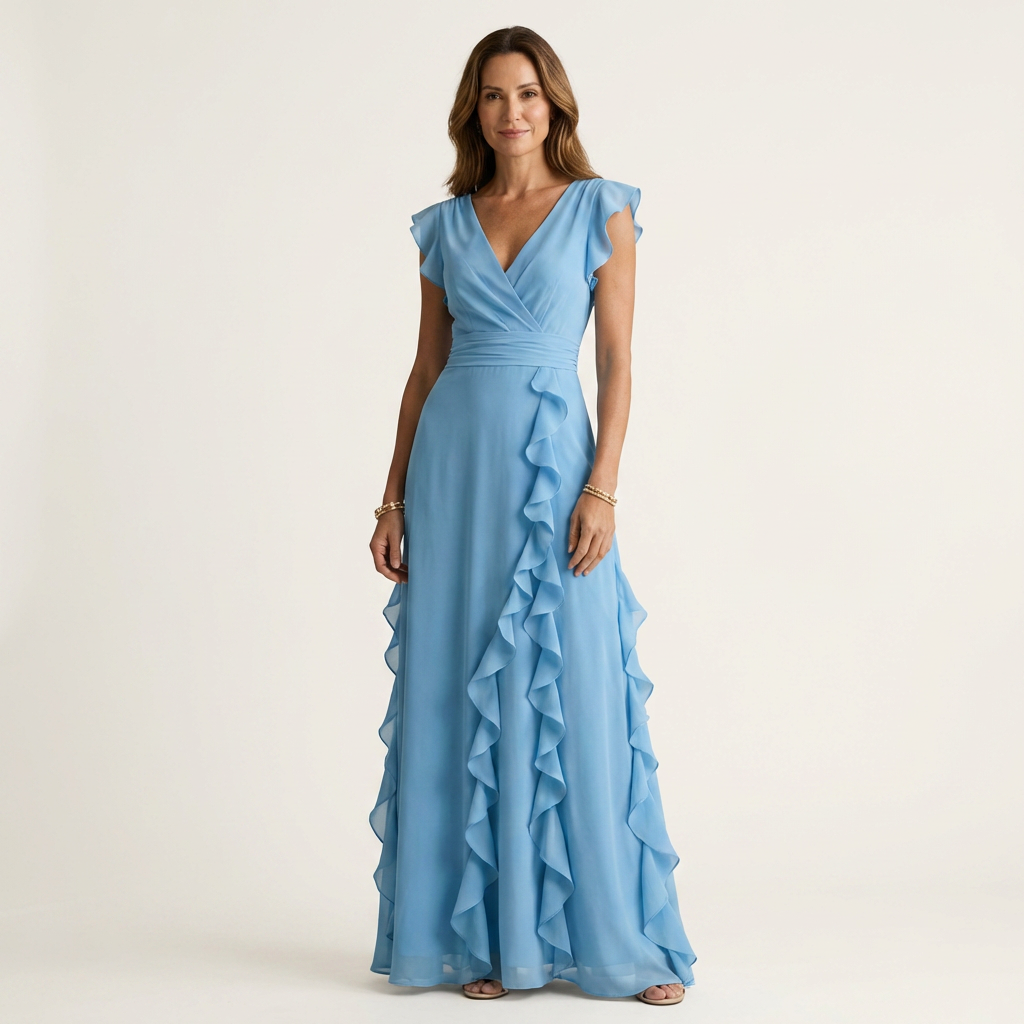 Nellyana - Casual V-neck Flutter Sleeves Ruffle Maxi Dress