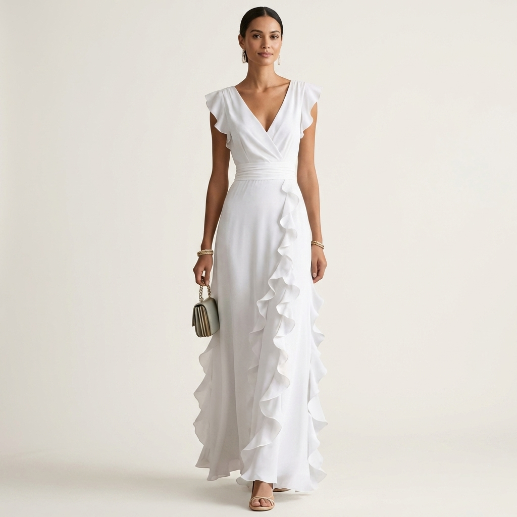 Nellyana - Casual V-neck Flutter Sleeves Ruffle Maxi Dress