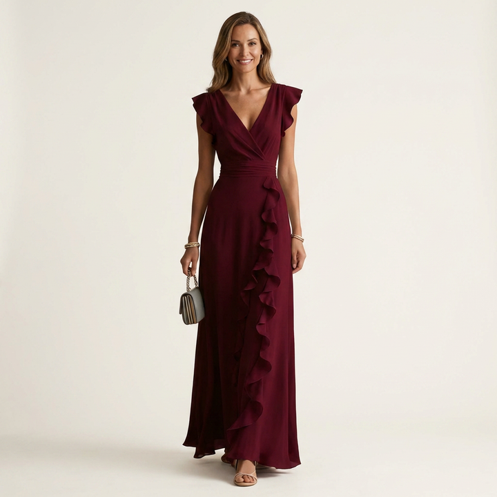 Nellyana - Casual V-neck Flutter Sleeves Ruffle Maxi Dress