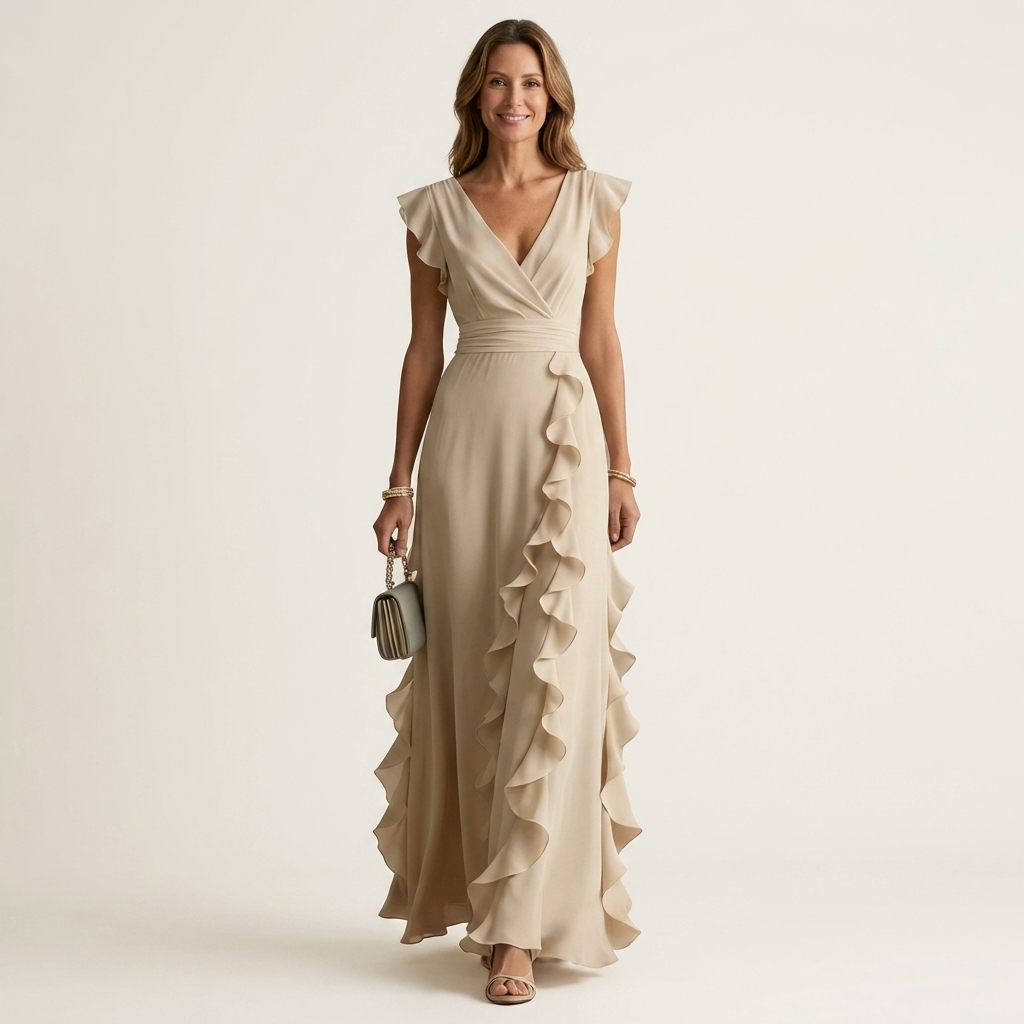 Nellyana - Casual V-neck Flutter Sleeves Ruffle Maxi Dress