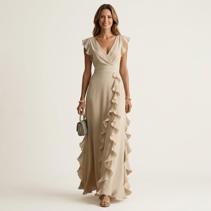 Nellyana - Casual V-neck Flutter Sleeves Ruffle Maxi Dress