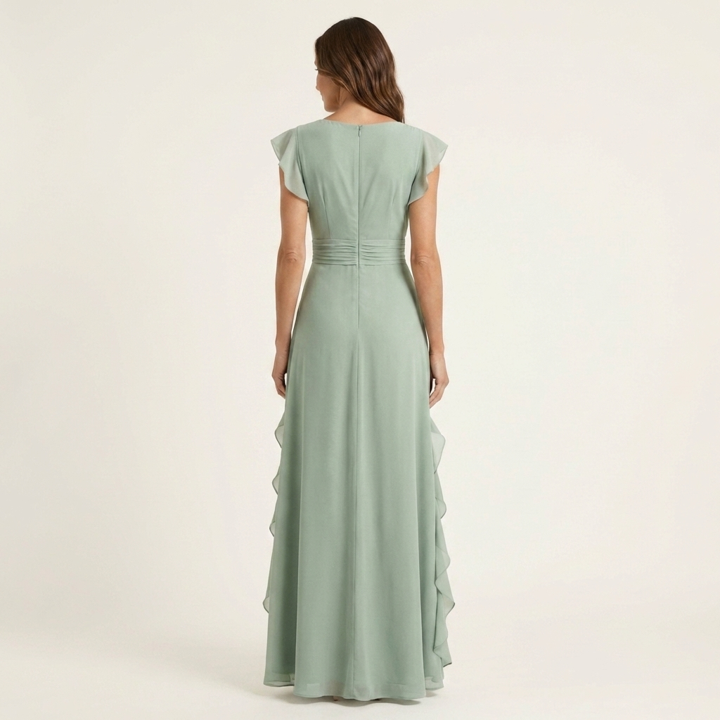 Nellyana - Casual V-neck Flutter Sleeves Ruffle Maxi Dress