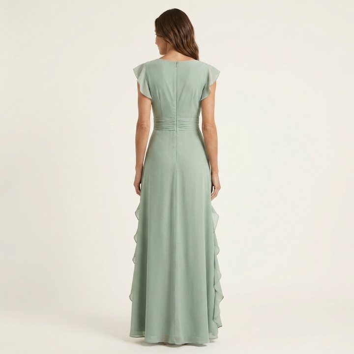 Nellyana - Casual V-neck Flutter Sleeves Ruffle Maxi Dress