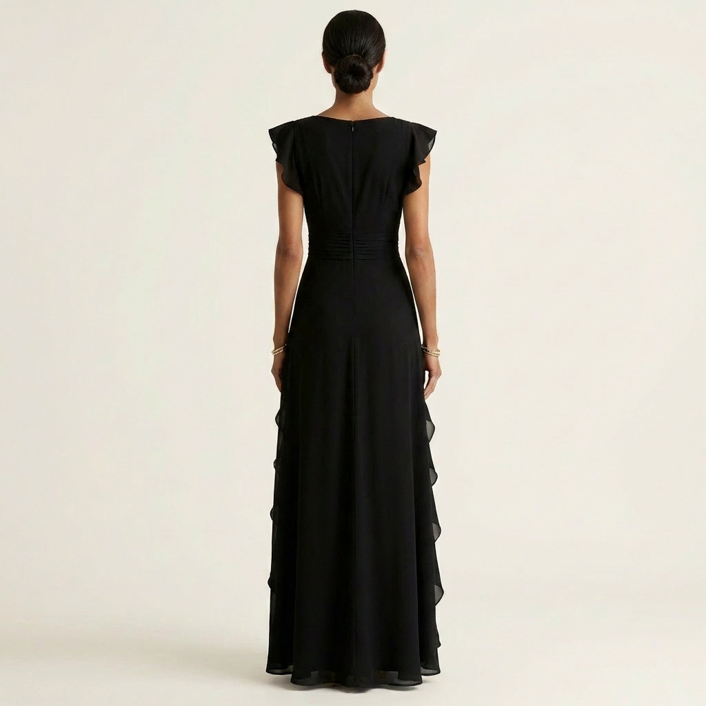 Nellyana - Casual V-neck Flutter Sleeves Ruffle Maxi Dress