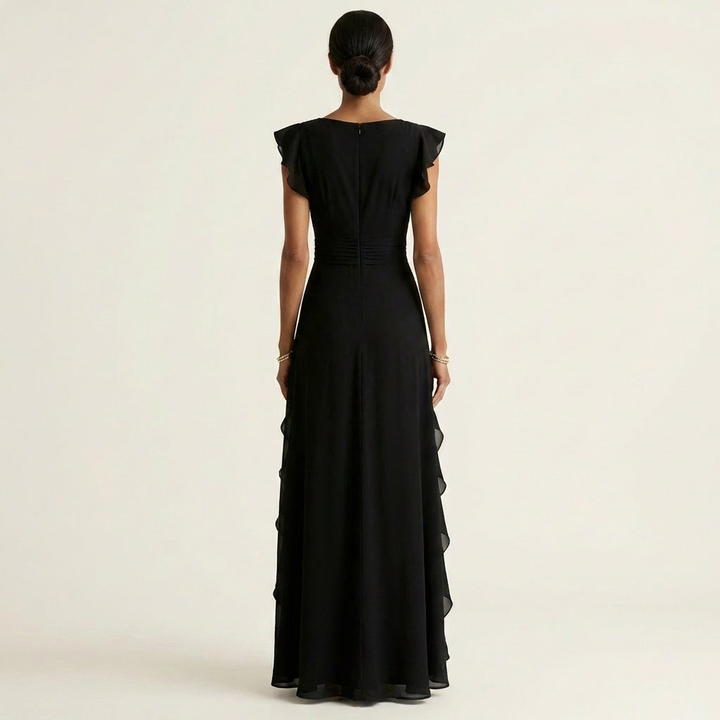 Nellyana - Casual V-neck Flutter Sleeves Ruffle Maxi Dress