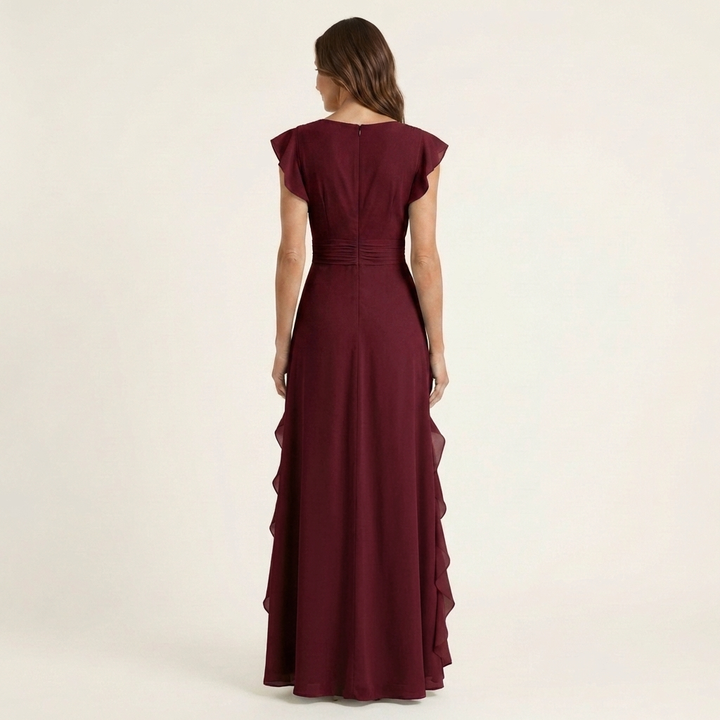 Nellyana - Casual V-neck Flutter Sleeves Ruffle Maxi Dress