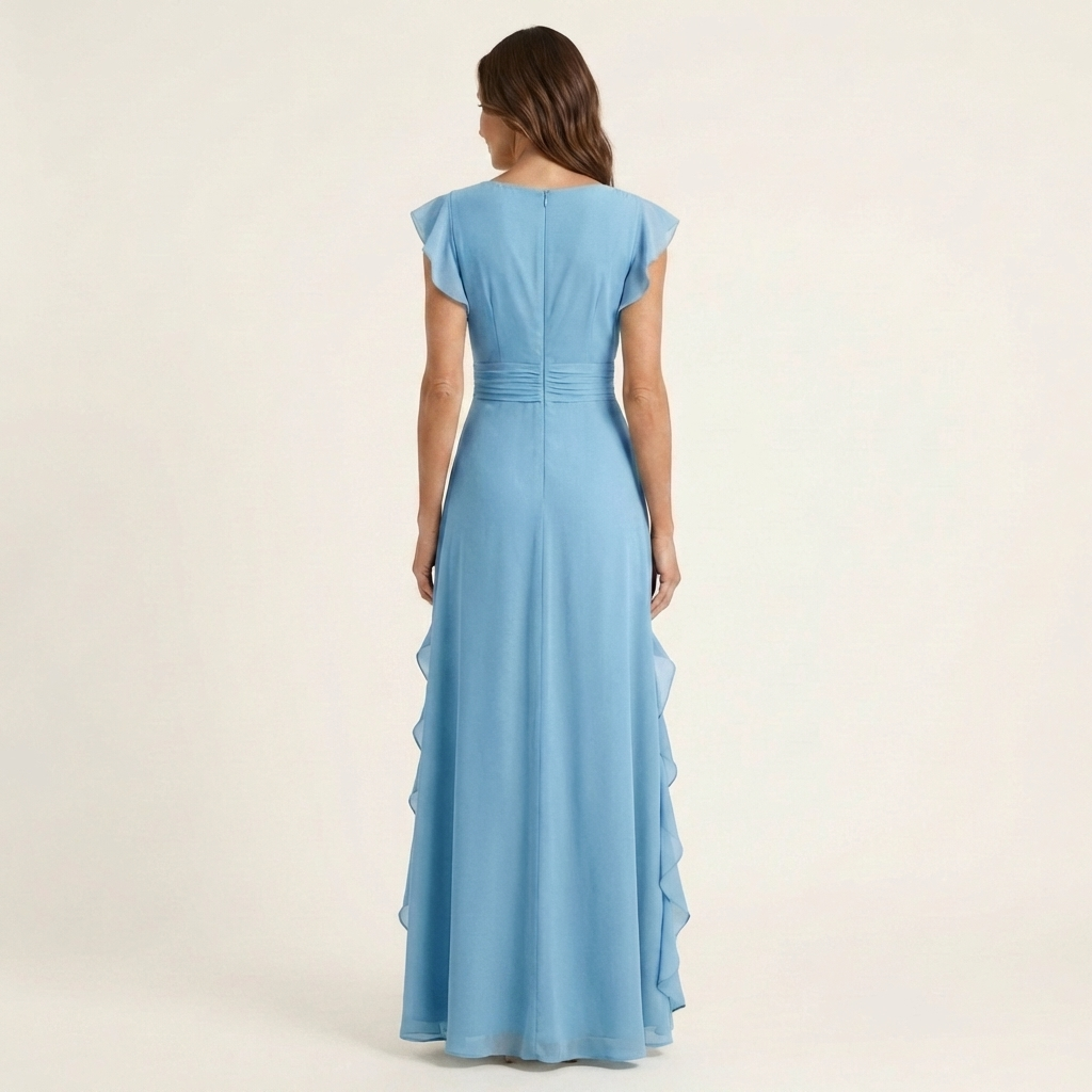 Nellyana - Casual V-neck Flutter Sleeves Ruffle Maxi Dress