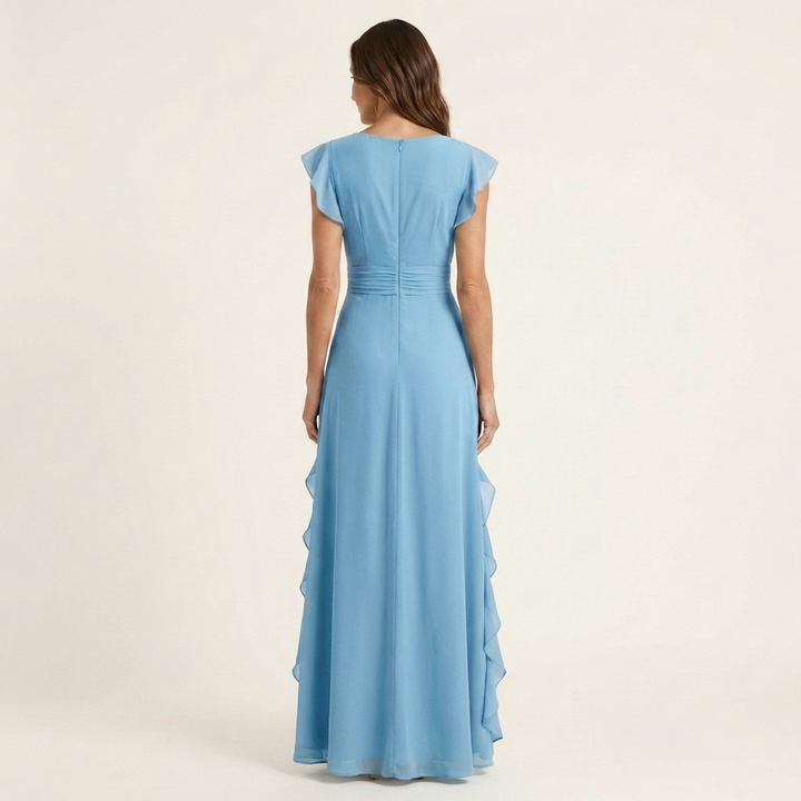 Nellyana - Casual V-neck Flutter Sleeves Ruffle Maxi Dress