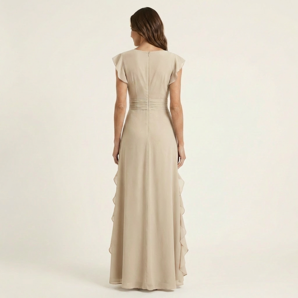 Nellyana - Casual V-neck Flutter Sleeves Ruffle Maxi Dress