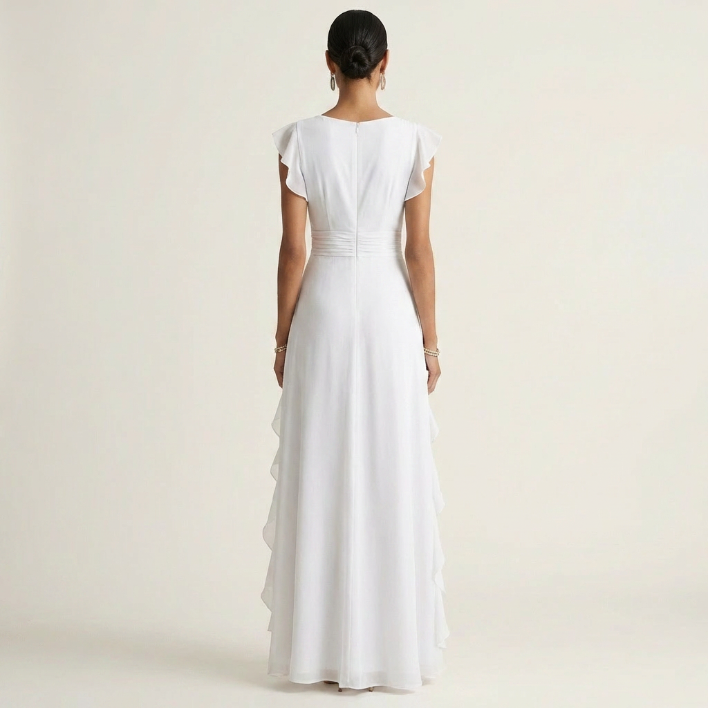 Nellyana - Casual V-neck Flutter Sleeves Ruffle Maxi Dress