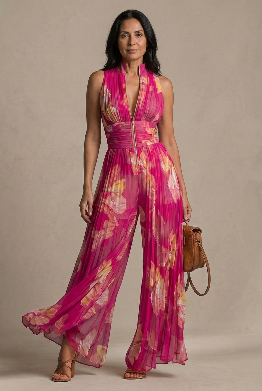 Lamai -  Elegant Pleated Halter Wide Leg Jumpsuit