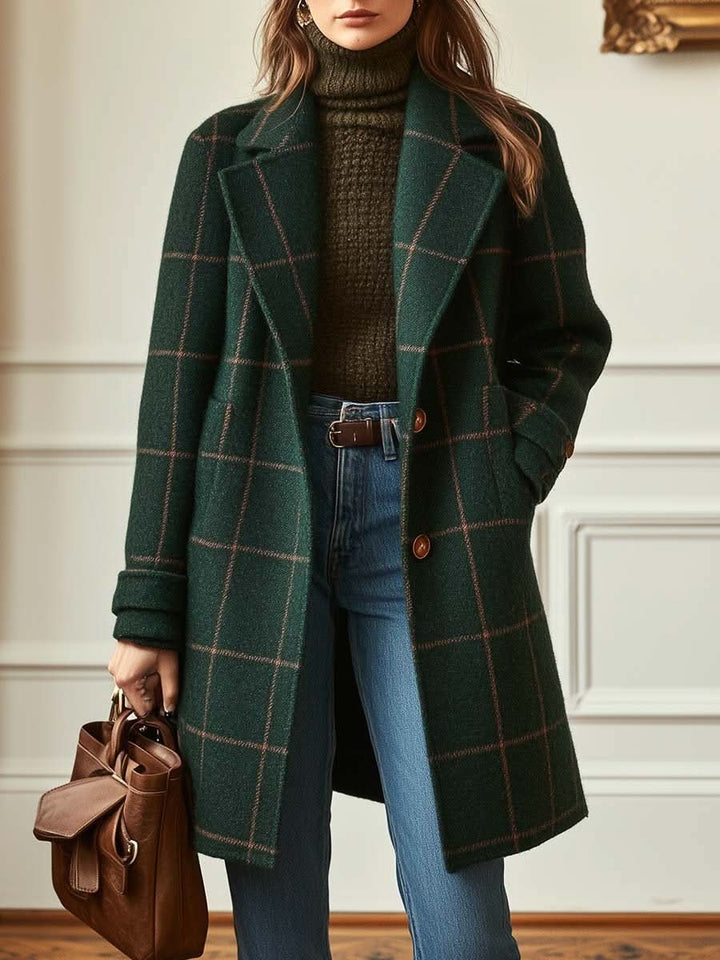 Signinida - Classic Plaid Coat With Lapel Collar