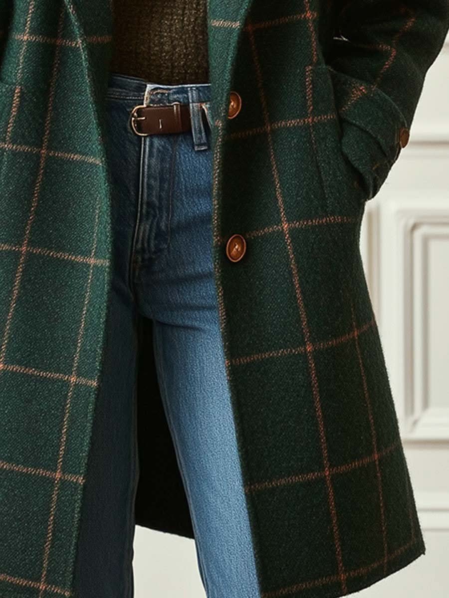 Signinida - Classic Plaid Coat With Lapel Collar