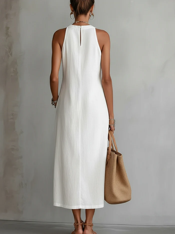 Devindi - Linen Midi Dress With Mandarin Collar