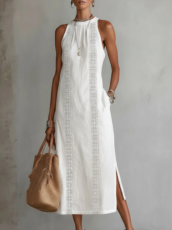 Devindi - Linen Midi Dress With Mandarin Collar