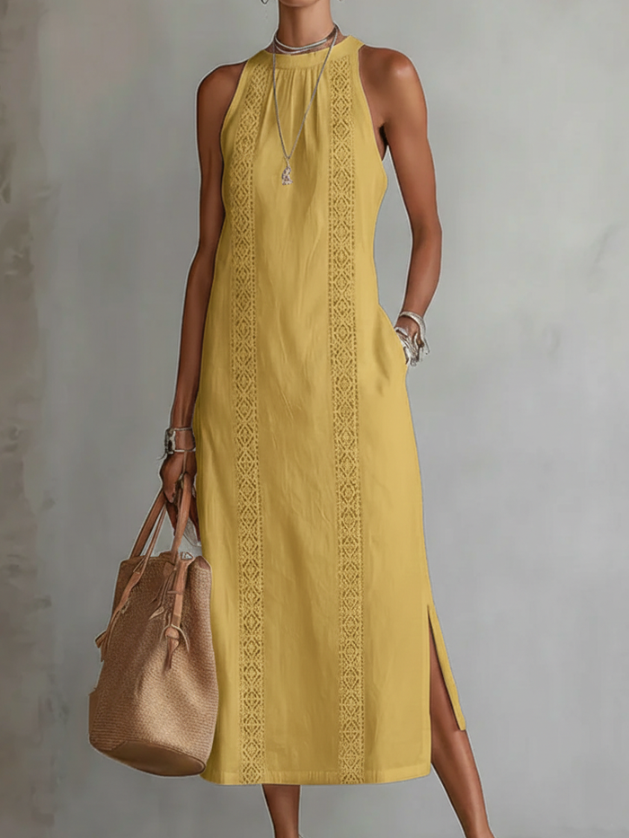 Devindi - Linen Midi Dress With Mandarin Collar