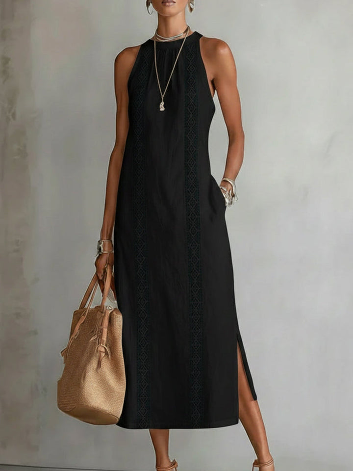 Devindi - Linen Midi Dress With Mandarin Collar