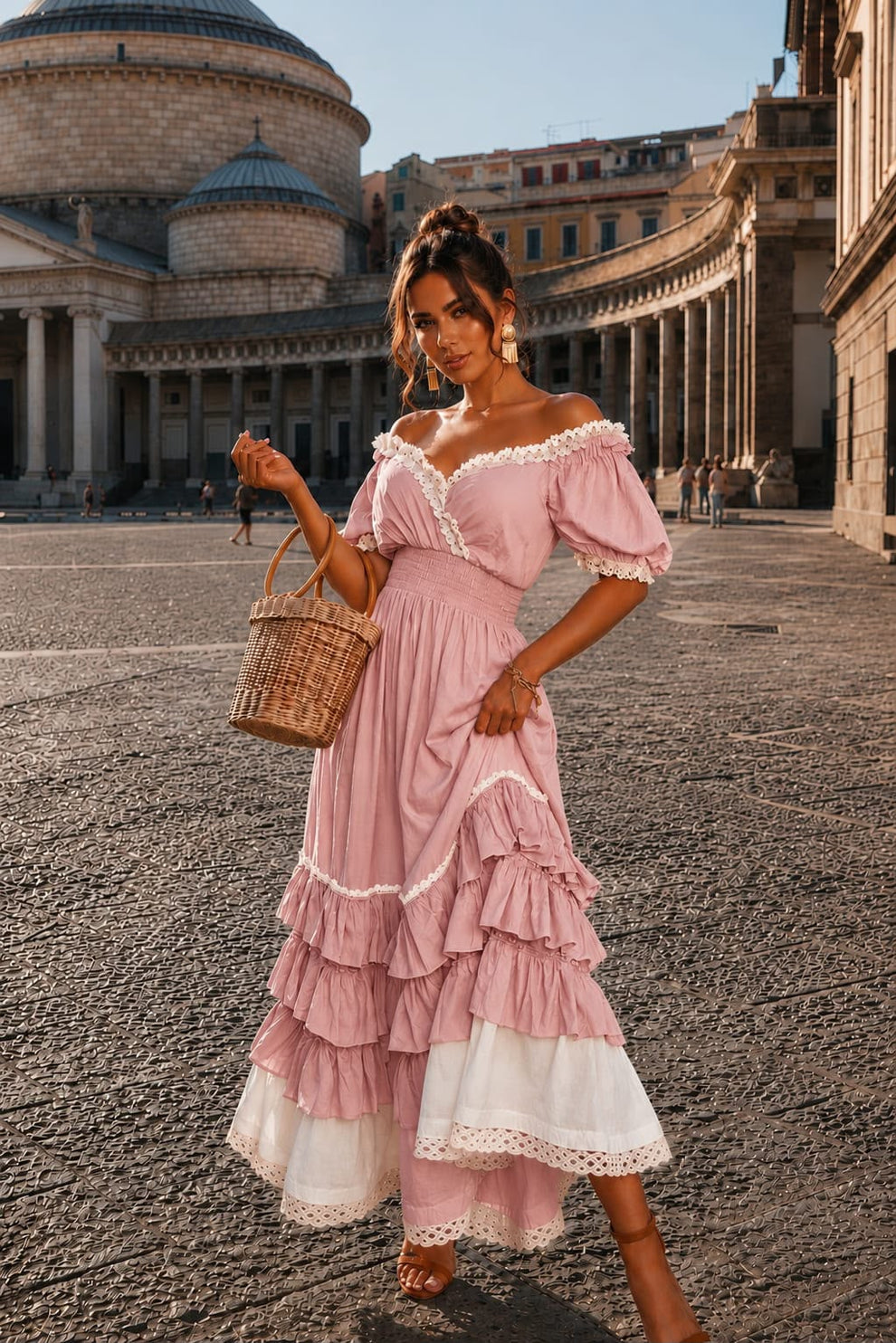 Naeun - Off Shoulder Ruffle Maxi Dress With Lace Trim