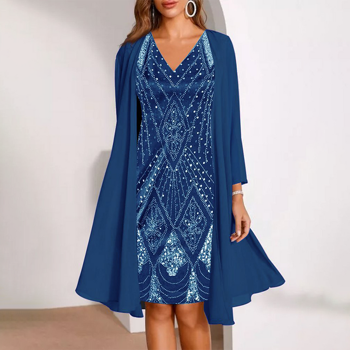 Kamla - V-neck Sparkling Dress With Sheer Cape