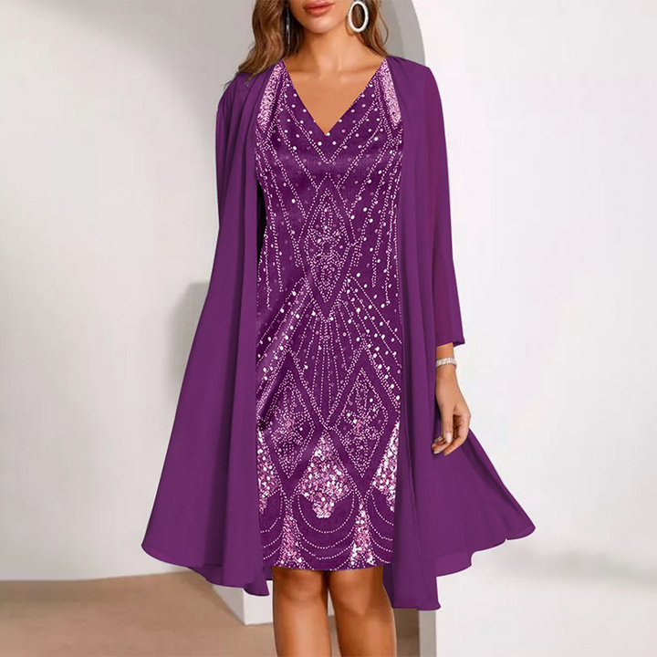 Kamla - V-neck Sparkling Dress With Sheer Cape