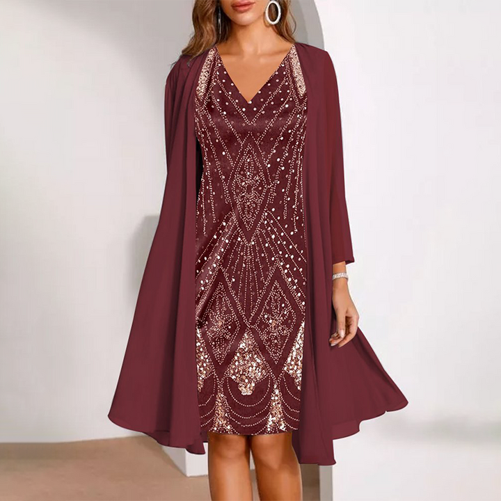 Kamla - V-neck Sparkling Dress With Sheer Cape