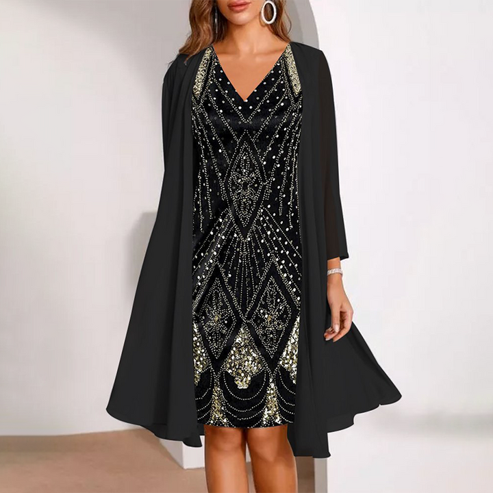 Kamla - V-neck Sparkling Dress With Sheer Cape