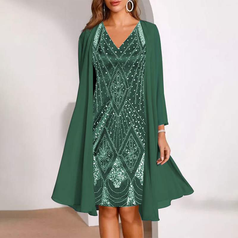 Kamla - V-neck Sparkling Dress With Sheer Cape
