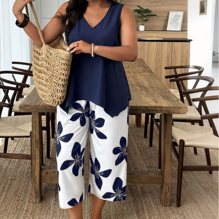 Aniza - Asymmetrical Top And Floral Capri Pants
