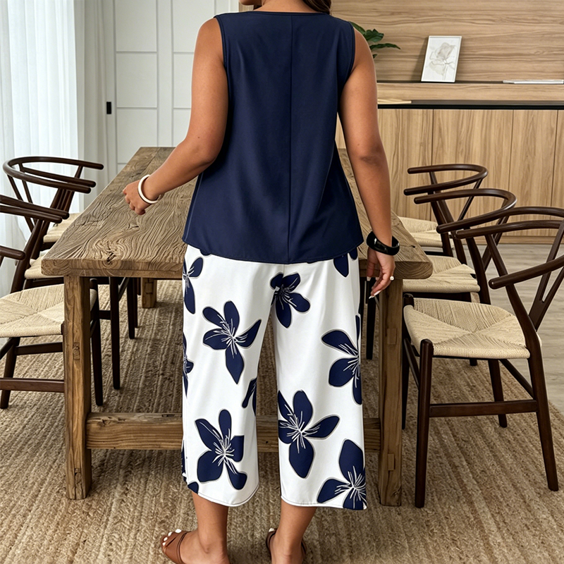 Aniza - Asymmetrical Top And Floral Capri Pants