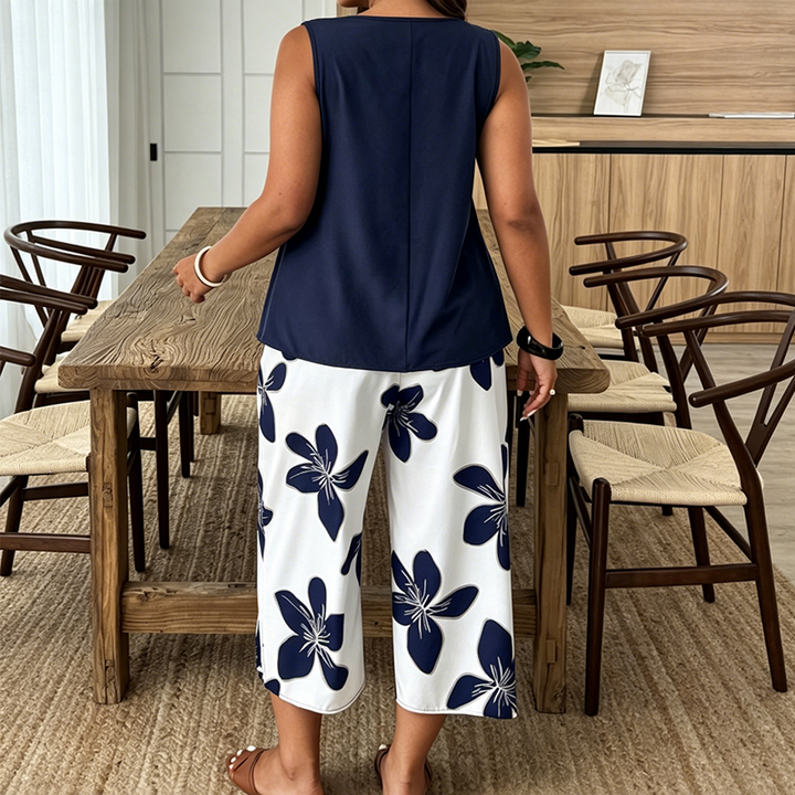 Aniza - Asymmetrical Top And Floral Capri Pants