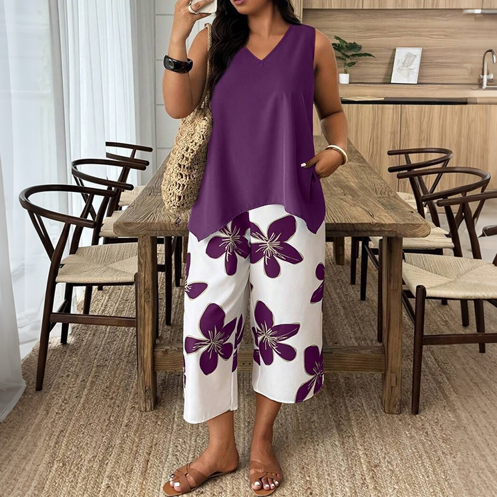 Aniza - Asymmetrical Top And Floral Capri Pants