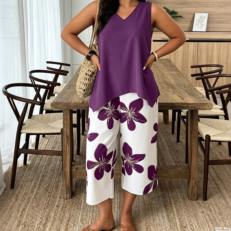 Aniza - Asymmetrical Top And Floral Capri Pants
