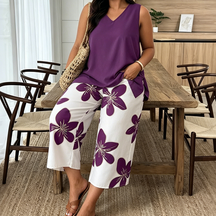 Aniza - Asymmetrical Top And Floral Capri Pants