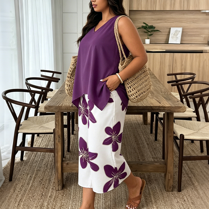 Aniza - Asymmetrical Top And Floral Capri Pants