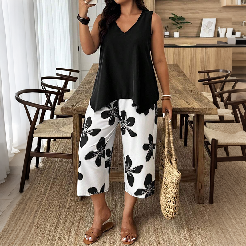Aniza - Asymmetrical Top And Floral Capri Pants