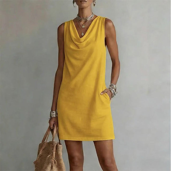 Nuham - Casual Cowl Neck Linen Mini Dress