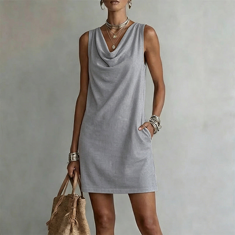 Nuham - Casual Cowl Neck Linen Mini Dress