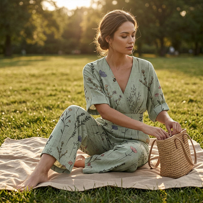 Sinem - Elegant V-Neck Printed Jumpsuit