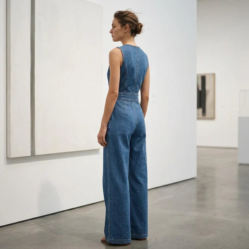 Laurien - Sleeveless Asymmetrical Denim Wrap Jumpsuit