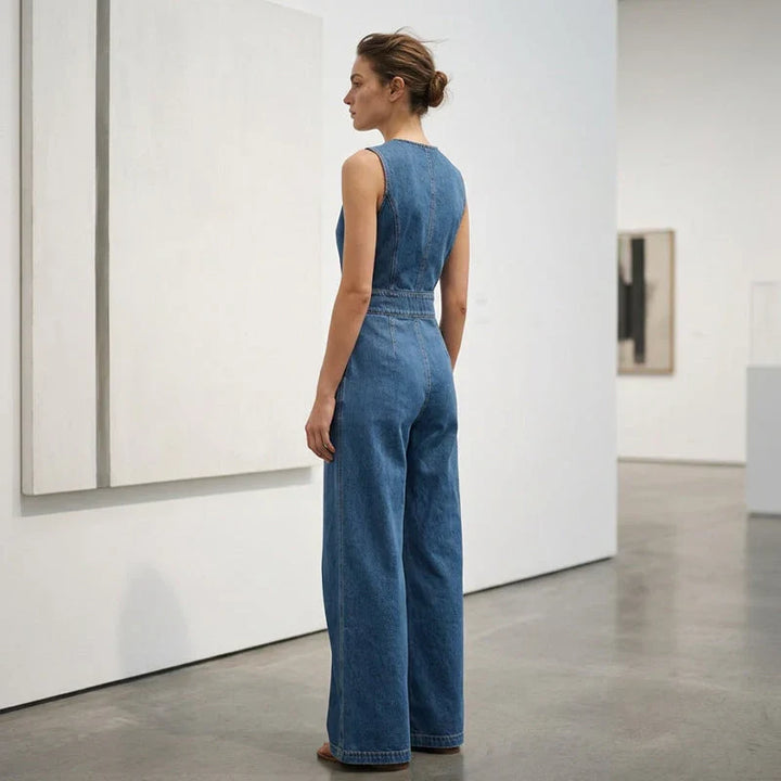 Laurien - Sleeveless Asymmetrical Denim Wrap Jumpsuit