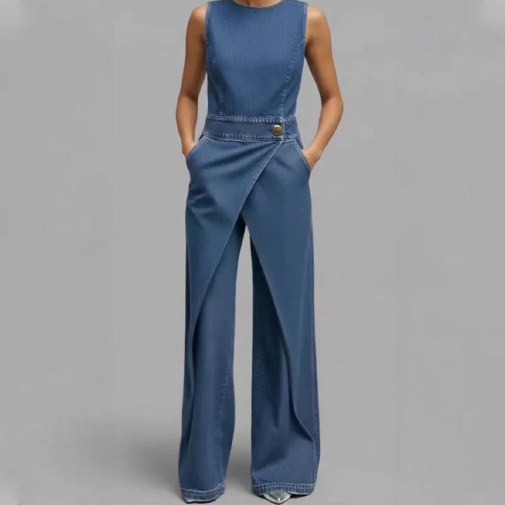 Laurien - Sleeveless Asymmetrical Denim Wrap Jumpsuit