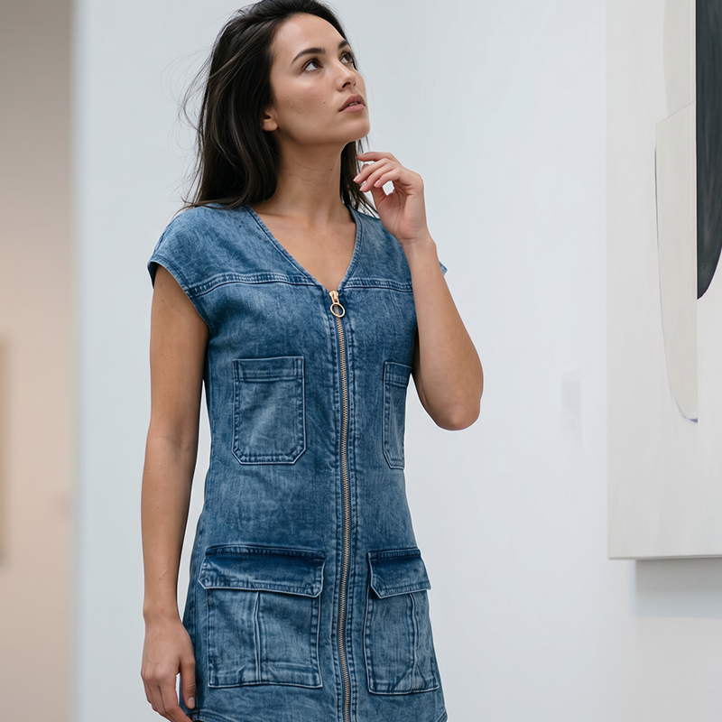 Esinila - Short Sleeve Zip-up Denim Dress