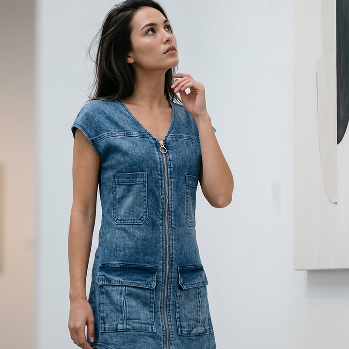 Esinila - Short Sleeve Zip-up Denim Dress