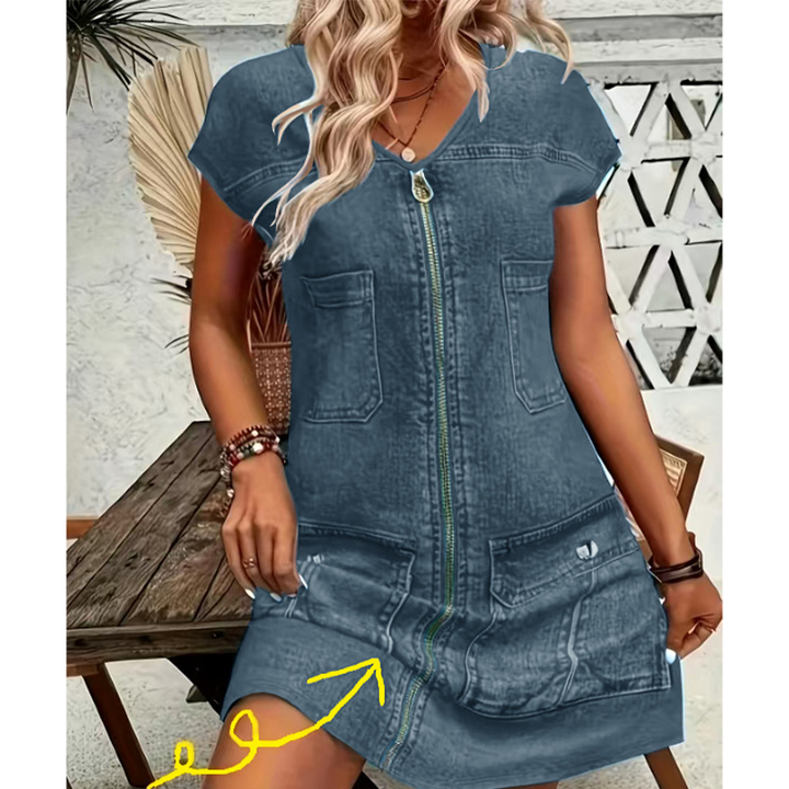 Esinila - Short Sleeve Zip-up Denim Dress