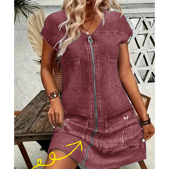 Esinila - Short Sleeve Zip-up Denim Dress