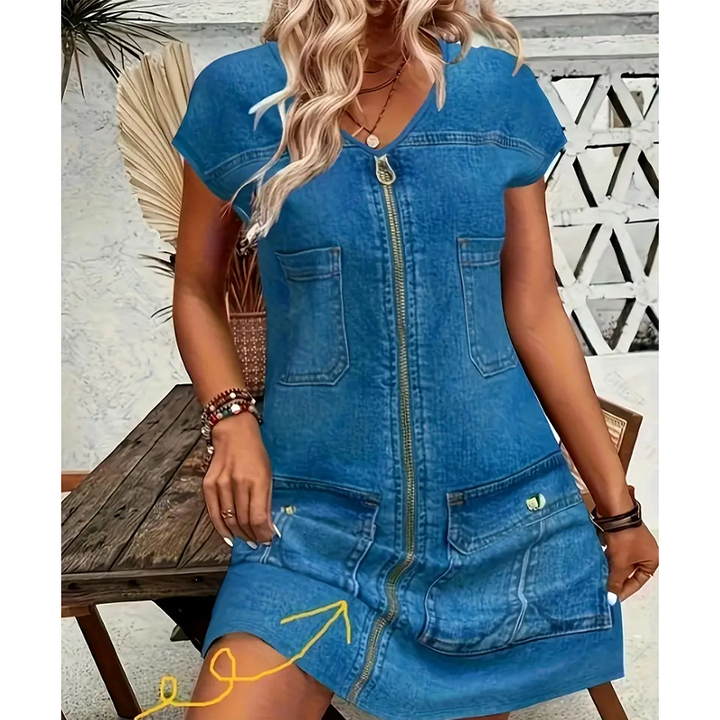 Esinila - Short Sleeve Zip-up Denim Dress