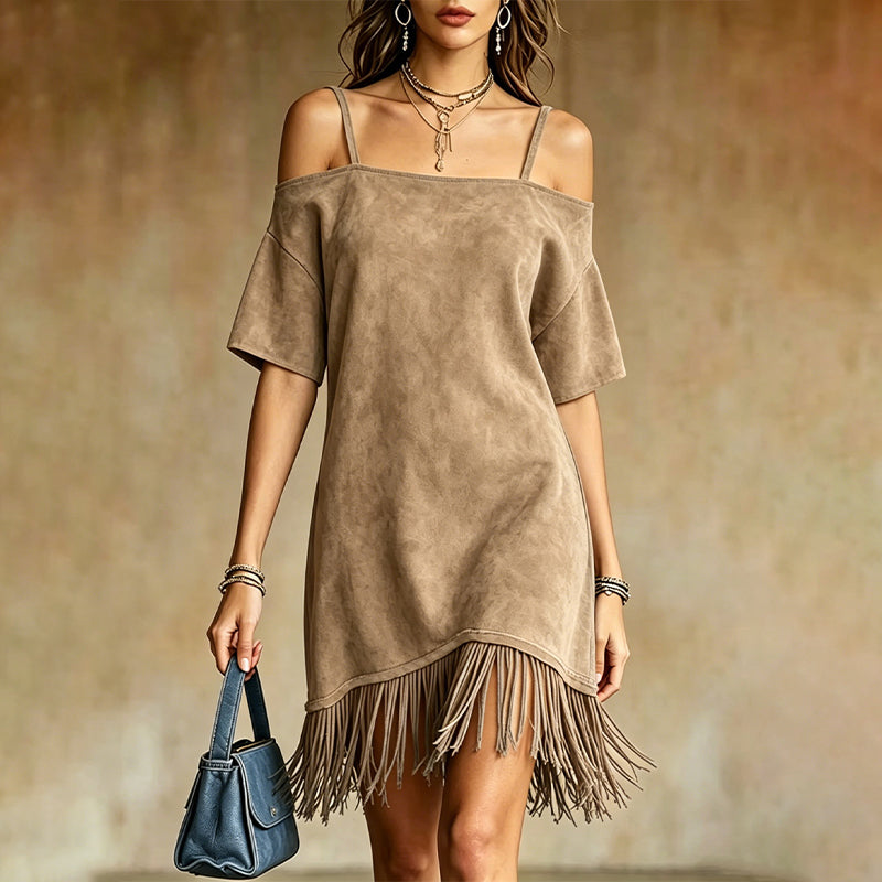 Lewina - Off-Shoulder Strappy Fringe Dress