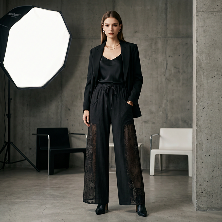 Qerina - Trousers With Delicate Floral Lace Panels