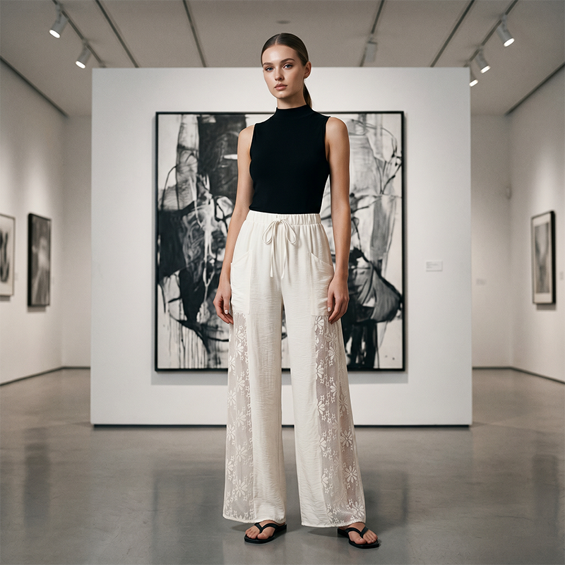 Qerina - Trousers With Delicate Floral Lace Panels